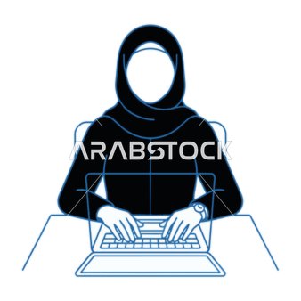 رسم توضيحي لامرأة مسلمة تعمل على الكمبيوتر المحمول