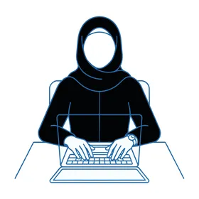 رسم توضيحي لامرأة مسلمة تعمل على الكمبيوتر المحمول