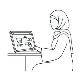 Muslim Woman in Hijab Online Shopping Vector Line Art