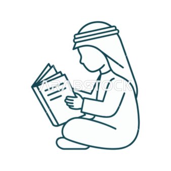 Arab Boy Reading Book Line Art Vector Illustration