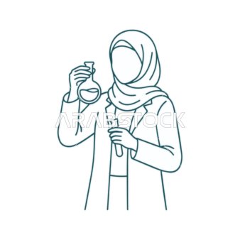 رسم توضيحي خطي لعالمة كيمياء مسلمة في المختبر مع قارورة