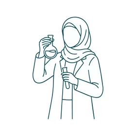 رسم توضيحي خطي لعالمة كيمياء مسلمة في المختبر مع قارورة