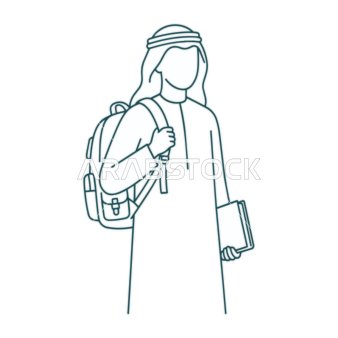 رسم توضيحي لطالب سعودي بالثوب يحمل حقيبة ظهر وكتاب