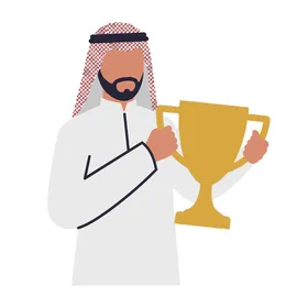 رسم توضيحي لرجل عربي يرتدي الثوب ويحمل كأس النجاح