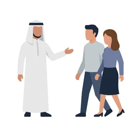 مرشد محلي يرتدي الزي التقليدي يرحب بحرارة بزوجين، ويقدم المساعدة والرؤى حول التراث الثقافي.