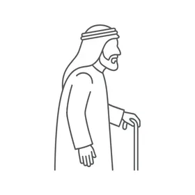 Elderly Arab Man with Walking Stick Line Art Vector