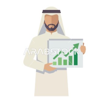 رجل أعمال عربي يقدم رسمًا بيانيًا للنمو المالي الإيجابي مع سهم صاعد