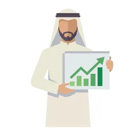 Arab Businessman Presents Positive Financial Growth Chart with Upward Arrow