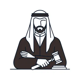 قاضي عربي يرتدي الزي التقليدي يمسك بمطرقة المحكمة