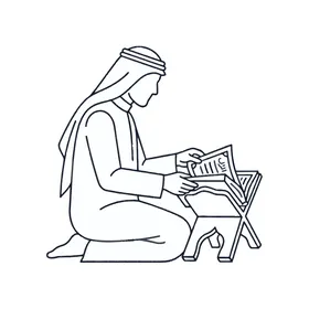 A Man in Traditional Arabic Attire Studying the Holy Quran on a Rehal