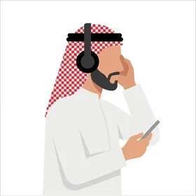رجل عربي عصري يستمتع بالموسيقى بسماعات الهاتف الذكي