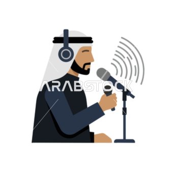 رجل عربي يرتدي سماعات الرأس ويسجل الصوت عبر ميكروفون
