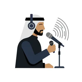 Arabic Man with Headphones Recording Audio at a Microphone