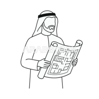 رسم خطي لمهندس معماري عربي يمسك مخطط بناء بسيط