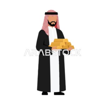 رسم توضيحي لرجل سعودي يحمل سبائك ذهب