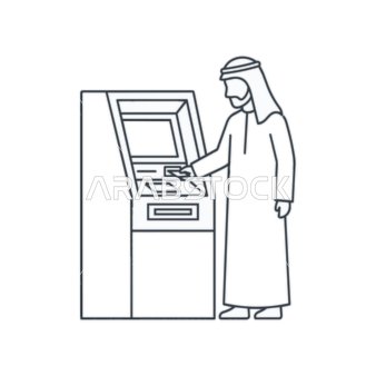 أيقونة رسم خطي لفيكتور رجل عربي يستخدم الصراف الآلي