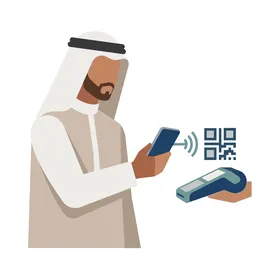 رسم توضيحي لرجل عربي يدفع إلكترونياً بالهاتف الذكي