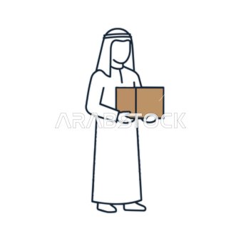 رسم خطي لرجل عربي يحمل صندوق توصيل كرتوني