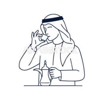 A man in traditional Arabic attire enjoys a cup of coffee, symbolizing hospitality and cultural heritage
