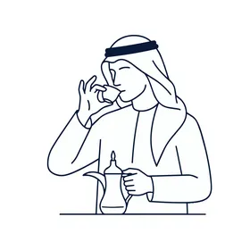 A man in traditional Arabic attire enjoys a cup of coffee, symbolizing hospitality and cultural heritage