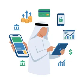 Arab Man Using Fintech Mobile Banking App Illustration