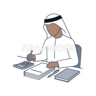 رجل أعمال عربي يحسب الأموال ويعمل على مكتبه مع آلة حاسبة ووثائق