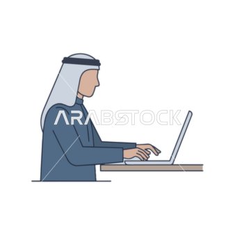 رجل عربي يعمل على حاسوب محمول، يمثل الرقمنة والأعمال الحديثة في الشرق الأوسط