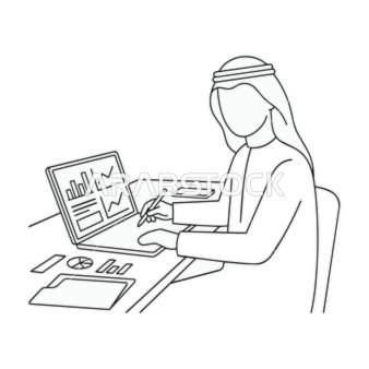 رسم توضيحي خطي لرجل أعمال عربي يعمل على كمبيوتر