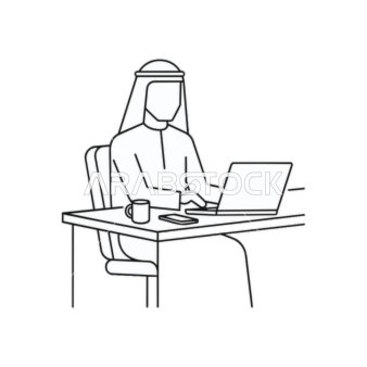 رسم تخطيطي لرجل أعمال عربي يعمل على كمبيوتر محمول