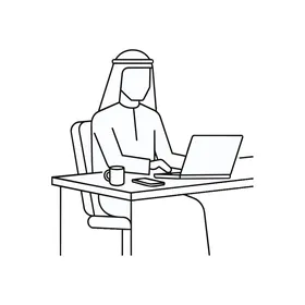 رسم تخطيطي لرجل أعمال عربي يعمل على كمبيوتر محمول