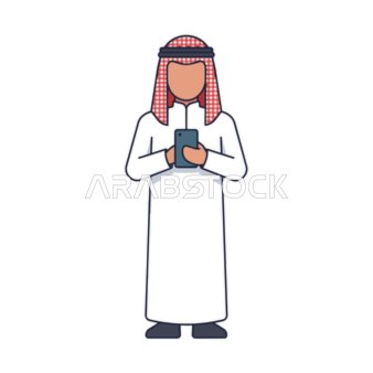 رجل عربي عصري يحمل هاتفًا ذكيًا، يوضح الاتصال الرقمي والاندماج الثقافي