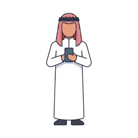 رجل عربي عصري يحمل هاتفًا ذكيًا، يوضح الاتصال الرقمي والاندماج الثقافي