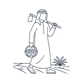 A farmer in traditional attire carrying a basket of produce and a hoe, walking through a field, symbolizing agriculture and rural life.