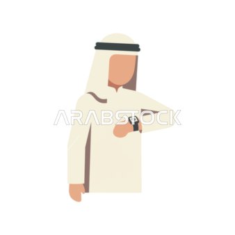 رجل عربي بالزي التقليدي يرتدي ساعة يد ذكية، لمسة عصرية للزي الثقافي