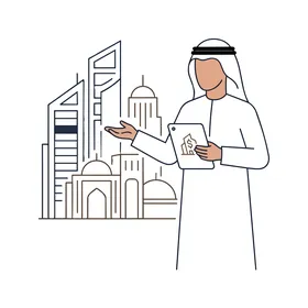 رسم توضيحي لمتجه رجل أعمال عربي يستثمر في العقارات