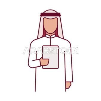 رجل عربي حديث يرتدي الزي التقليدي ويمسك بجهاز رقمي