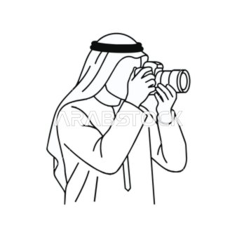 رسم خطي متجهي لمصور عربي يحمل كاميرا تصوير احترافية
