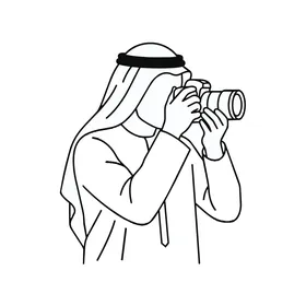 رسم خطي متجهي لمصور عربي يحمل كاميرا تصوير احترافية