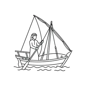 Traditional Dhow Boat Sailing on the Water with a Man Rowing