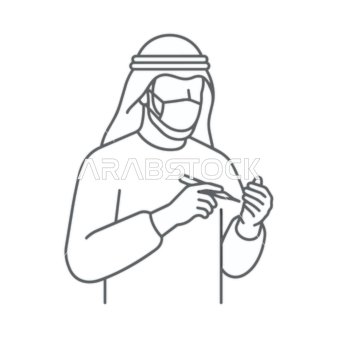 رسم خطي ناقل لرجل عربي يرتدي كمامة مع حقنة لقاح