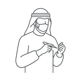 رسم خطي ناقل لرجل عربي يرتدي كمامة مع حقنة لقاح