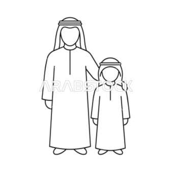 Arab Father and Son Line Art Vector Icon Illustration