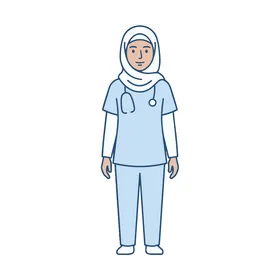 صورة طبيبة مسلمة ترتدي الحجاب والزي الطبي مع سماعة طبية، تمثل العاملين في مجال الرعاية الصحية في المجتمعات الإسلامية