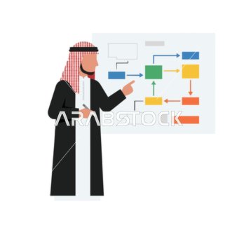 متجه رجل أعمال سعودي يشير إلى مخطط انسيابي ملون