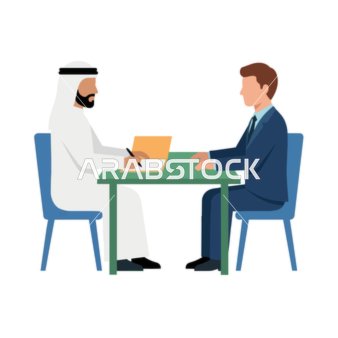 اجتماع عمل بين رجل عربي بالزي التقليدي ورجل أعمال غربي على مكتب