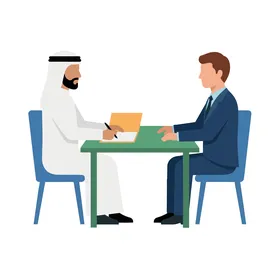 اجتماع عمل بين رجل عربي بالزي التقليدي ورجل أعمال غربي على مكتب