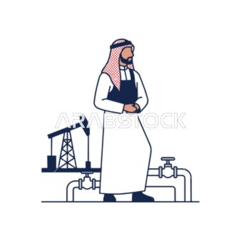 رجل عربي يشرف على إنتاج النفط والبنية التحتية مع مضخة أنابيب وخطوط أنابيب