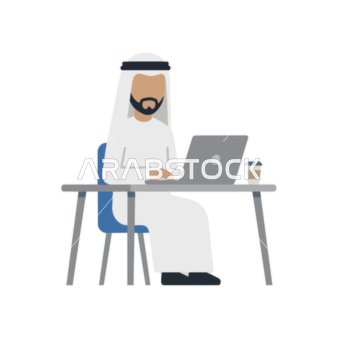 رسم توضيحي لرجل أعمال عربي يعمل على الكمبيوتر المحمول