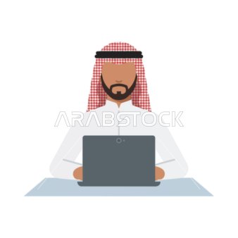 رجل أعمال عربي يعمل على حاسوب محمول على مكتبه