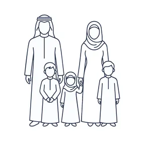 رسم توضيحي لعائلة عربية خليجية بالخطوط البيضاء والسوداء